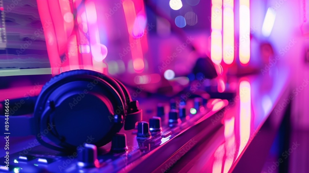 DJ Equipment with Headphones in Neon Light DJ Equipment with Headphones in Neon Light