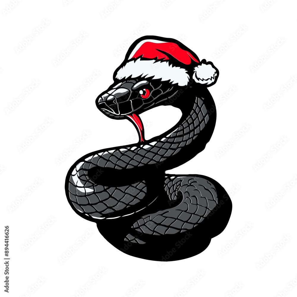 Naklejka premium Snake with a red tongue and a red Santa Claus hat on its head. Happy Chinese new year 2025. Vector illustration