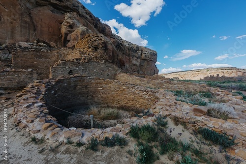 Network of brick ruins in the desert offering a glimpse into ancestral Puebloan life. Chaco Canyon, New Mexico, United States of America. photo