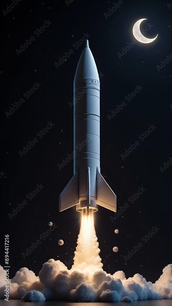 Naklejka premium A futuristic rocket launches into space amid a starry night sky with moon in the background