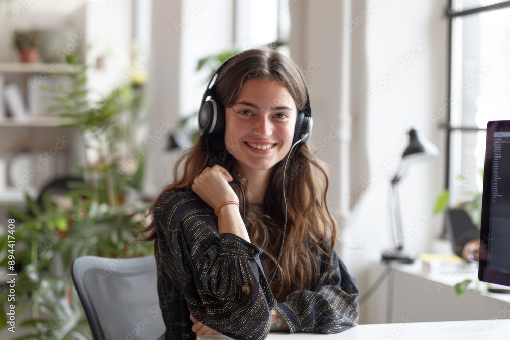 Naklejka premium Woman consultant, telemarketer, or crm communication worker smiling. Telecom, virtual advisor, office tech support, online consulting, networking