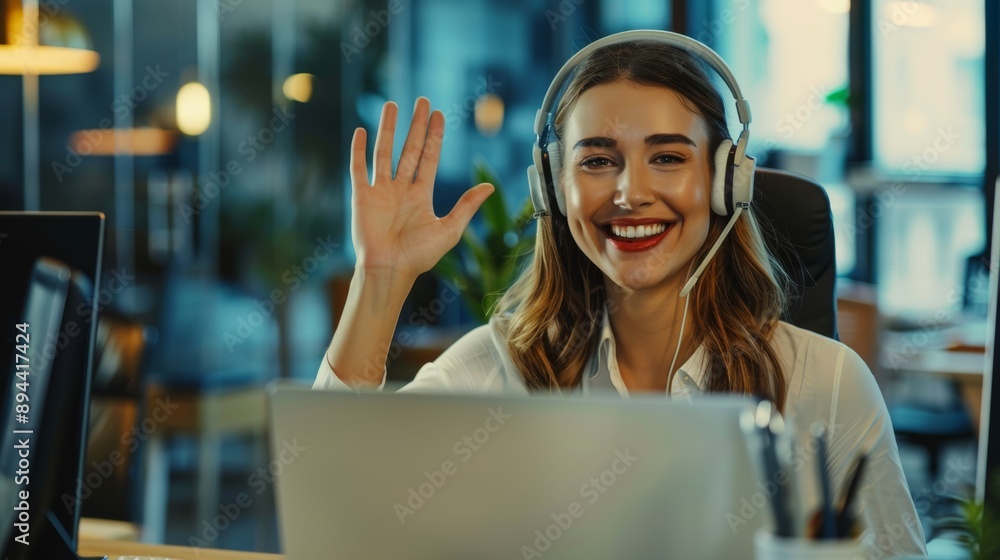 Headset, black woman, call center agent joyous with laptop in webinar or video call. Employee, work from home, online meetings, customer service, project celebration Headset, black woman, call center agent joyous with laptop in webinar or video call. Employee, work from home, online meetings, customer service, project celebration