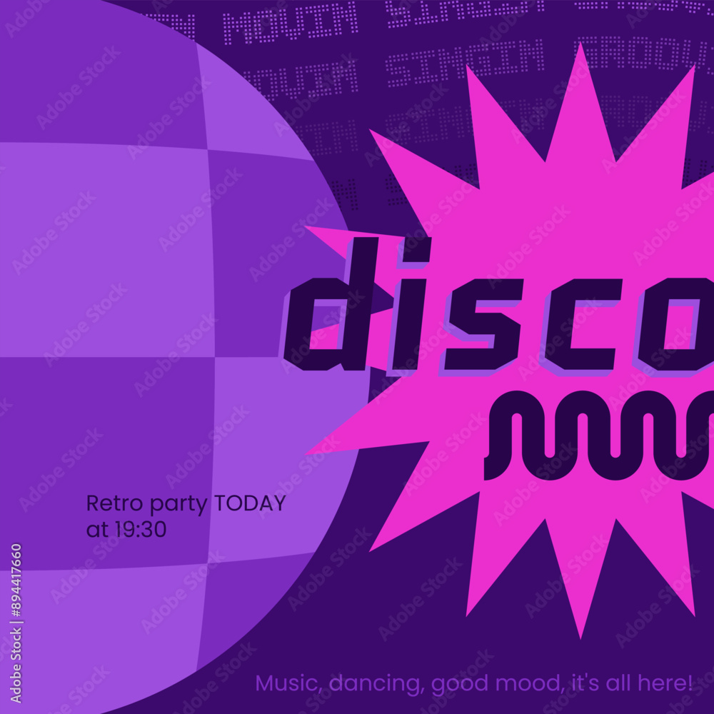 Invitation to a disco party. Card with bright abstract elements. Illustration with geometric figure in a purple palette. Art with disco ball. Invitation to a disco party. Card with bright abstract elements. Illustration with geometric figure in a purple palette. Art with disco ball.