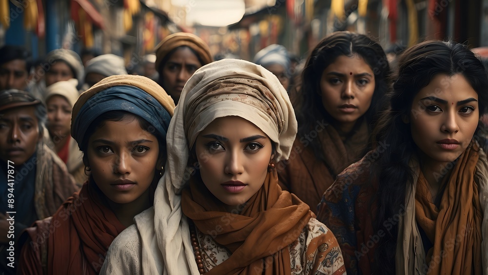 A diverse group of people wearing traditional dress, standing in a street, blurred background view, world culture day, diversification A diverse group of people wearing traditional dress, standing in a street, blurred background view, world culture day, diversification
