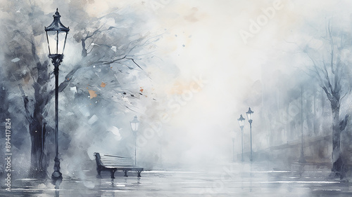 autumn watercolor light gray background, street lamp on a blurry background copy  space blank greeting form