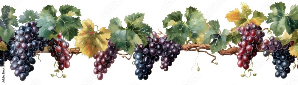 Vibrant Watercolor Grapevine with Lush Green Leaves and Ripe Grapes on a White Background Vibrant Watercolor Grapevine with Lush Green Leaves and Ripe Grapes on a White Background