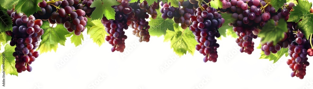Fototapeta premium Lush Bunches of Ripe Grapes Hanging from Vines with Green Leaves on a White Background