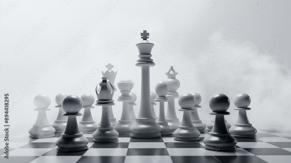 a group of chess-like figures on a white background of fog and smoke, the concept of strategy decision-making, business tactics. fictional chess pieces a group of chess-like figures on a white background of fog and smoke, the concept of strategy decision-making, business tactics. fictional chess pieces