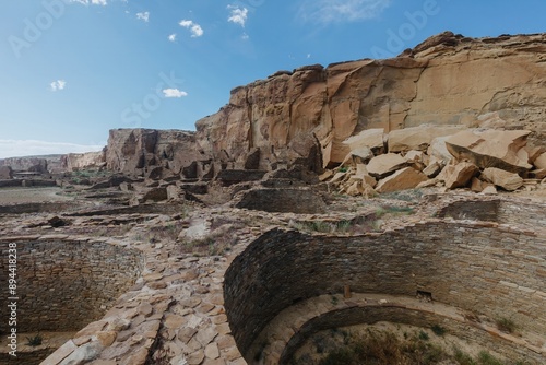 Network of brick ruins in the desert offering a glimpse into ancestral Puebloan life. Chaco Canyon, New Mexico, United States of America. photo