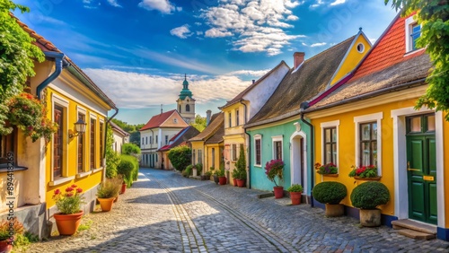 Vibrant colorful buildings line cobblestone streets in historic Szentendre old town on a sunny summer day with bright blue sky.