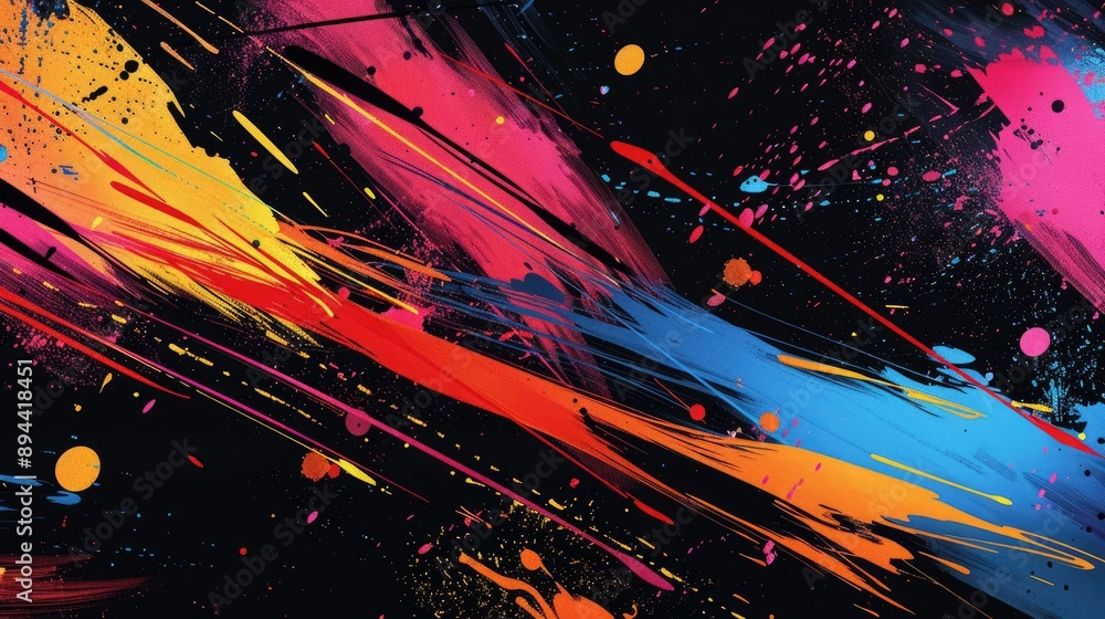 A dynamic abstract background with splashes of bright colors and high-energy brush strokes