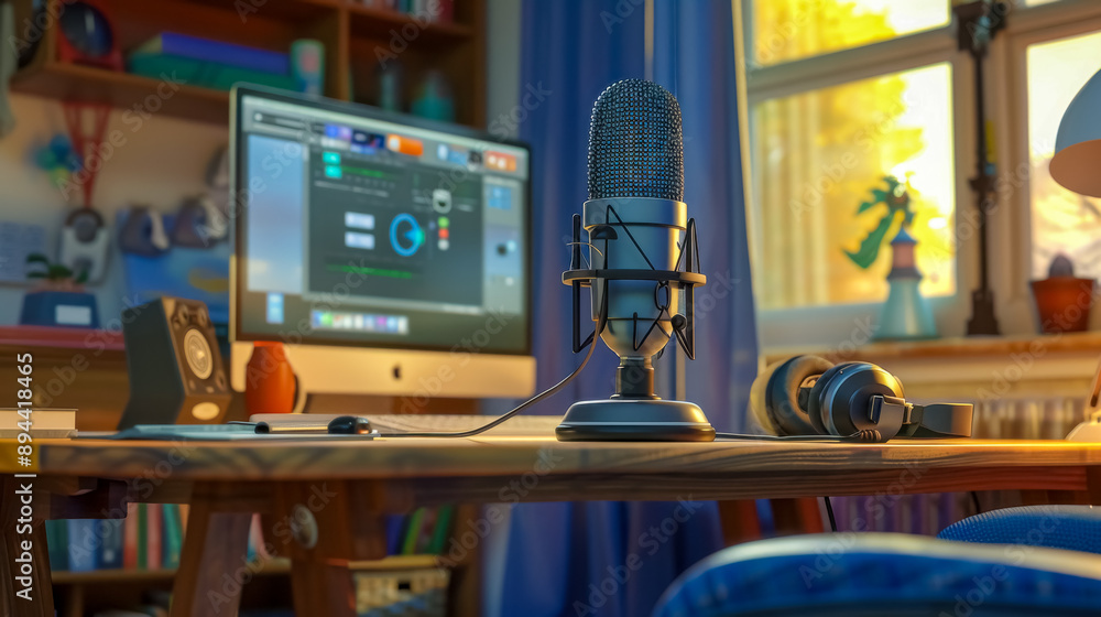 Naklejka premium Professional microphone standing on desk in home studio setup for recording podcast