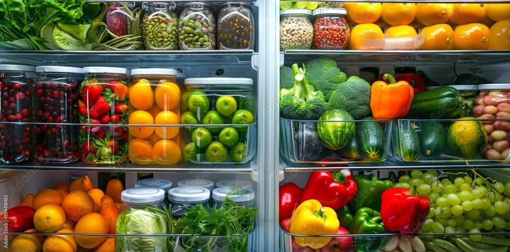 A fridge filled with assorted fresh produce and beverages showcases a vibrant and organized selection of healthy food options. A fridge filled with assorted fresh produce and beverages showcases a vibrant and organized selection of healthy food options.