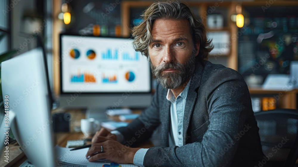 Focused man analyzing charts on computer screen Focused man analyzing charts on computer screen