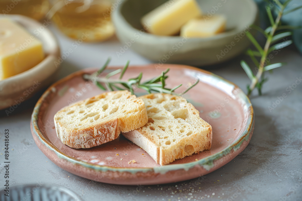 Dusty Rose Plate With Sliced Bread and Rosemary Dusty Rose Plate With Sliced Bread and Rosemary