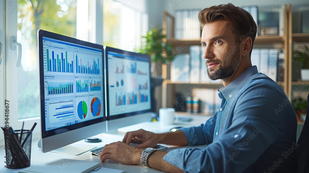 Businessman working on dual monitors with charts. Businessman working on dual monitors with charts.