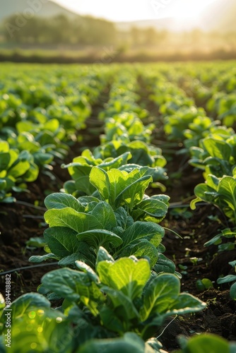 Lush Green Cabbage Field at Sunrise with Dew Drops and Sunlight in the Background