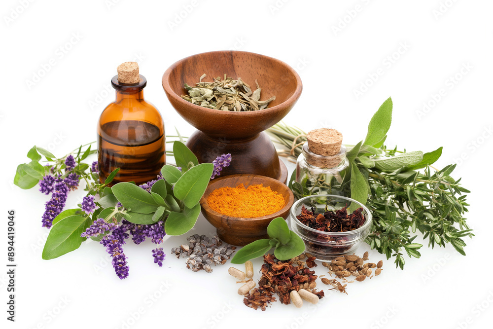 Natural herbs, Spices and Essential Oils Isolated on White Background Natural herbs, Spices and Essential Oils Isolated on White Background