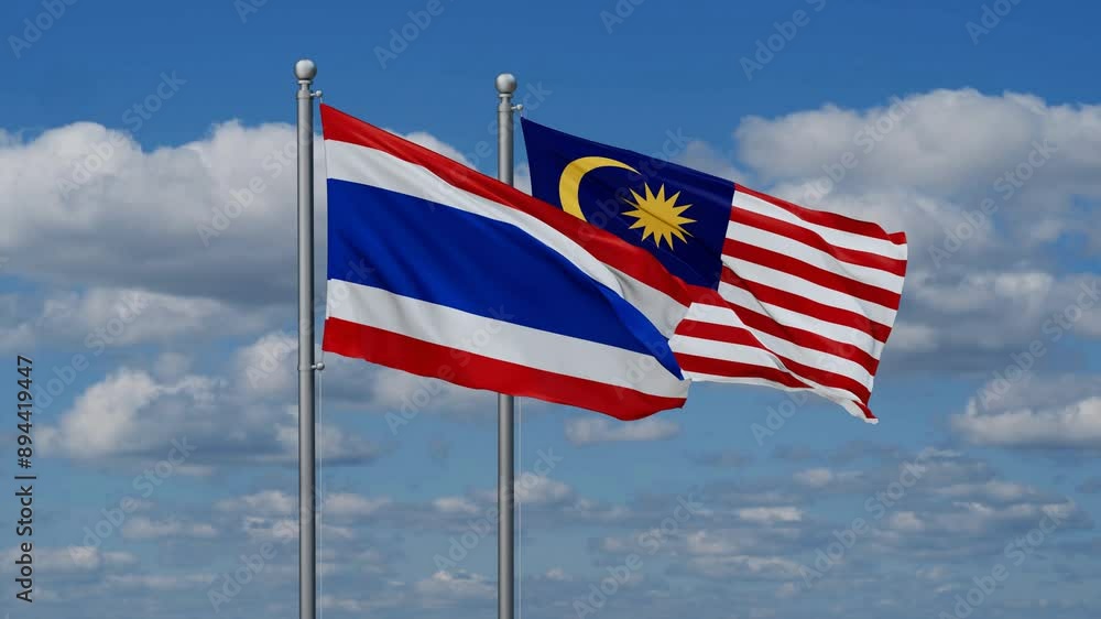 Malaysia and Thailand flags flying together, video concept of the relationship, two country cooperation concept Malaysia and Thailand flags flying together, video concept of the relationship, two country cooperation concept