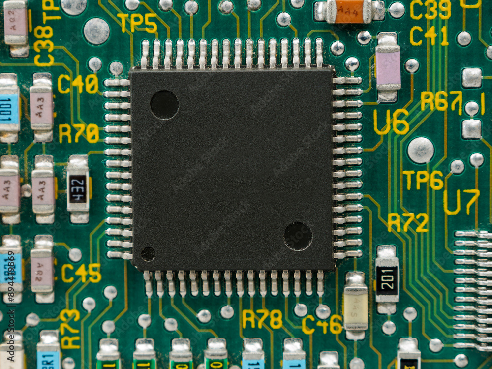 Close-up of microcircuits and components: chips, diodes and capacitors on a printed circuit board, revealing the world of electronics Close-up of microcircuits and components: chips, diodes and capacitors on a printed circuit board, revealing the world of electronics
