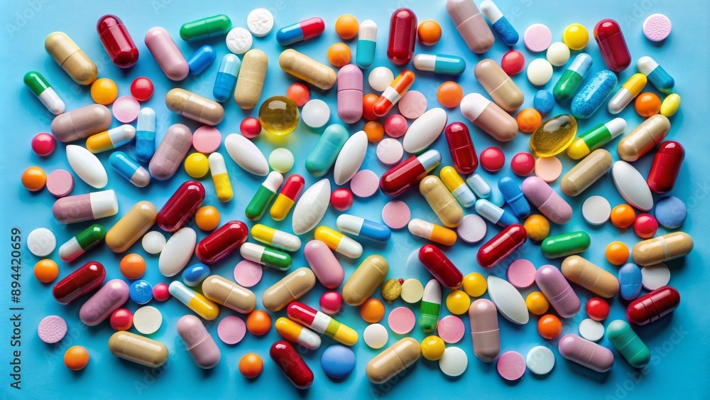 Array of various shaped and colored medication pills scattered randomly on a calm blue background, emphasizing health and wellness. Array of various shaped and colored medication pills scattered randomly on a calm blue background, emphasizing health and wellness.