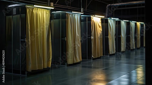 A row of voting booths with privacy curtains, illuminated by bright lights, ready for voters