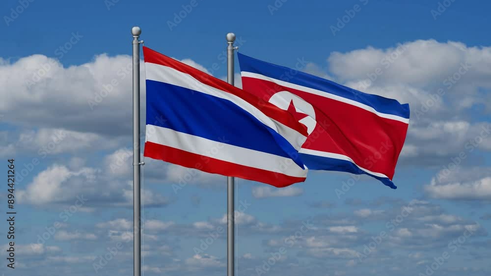 North Korea and Thailand flags flying together, video concept of the relationship North Korea and Thailand flags flying together, video concept of the relationship