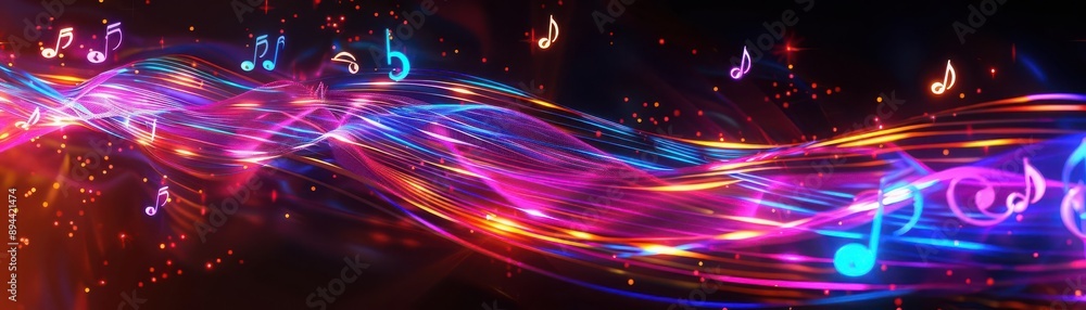 Obraz premium 3dbackground, musical notes, neon, soundwaves, vibrant, dynamic