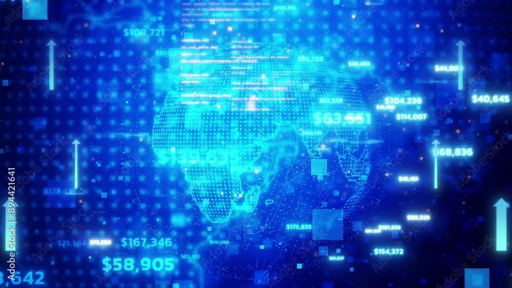 Futuristic digital motion background with particles and network lines. Blue globe with binary code representing digital global connectivity. Futuristic digital motion background with particles and network lines. Blue globe with binary code representing digital global connectivity.
