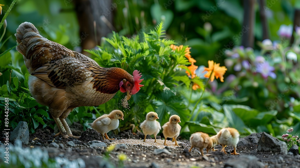 Fototapeta premium A hen feeding chicks in a garden