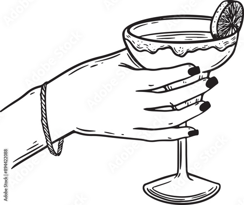 Woman's hand holing the festive drink line drawing isolated on white background.
