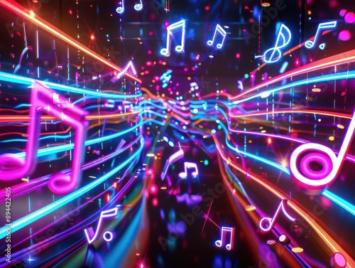 3dbackground, neon, soundwaves, musical notes, vibrant, dynamic photo