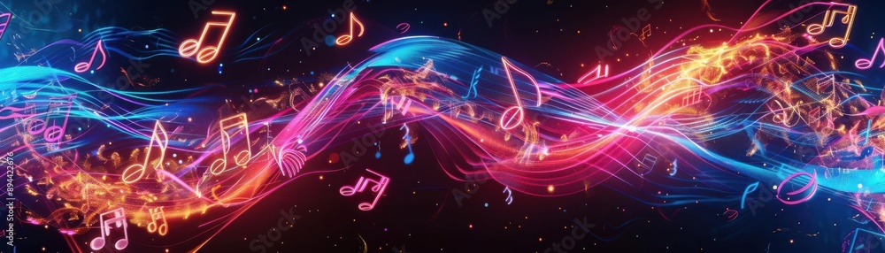 Fototapeta premium 3dbackground, notes, vibrant soundwaves, neon, dynamic music energy