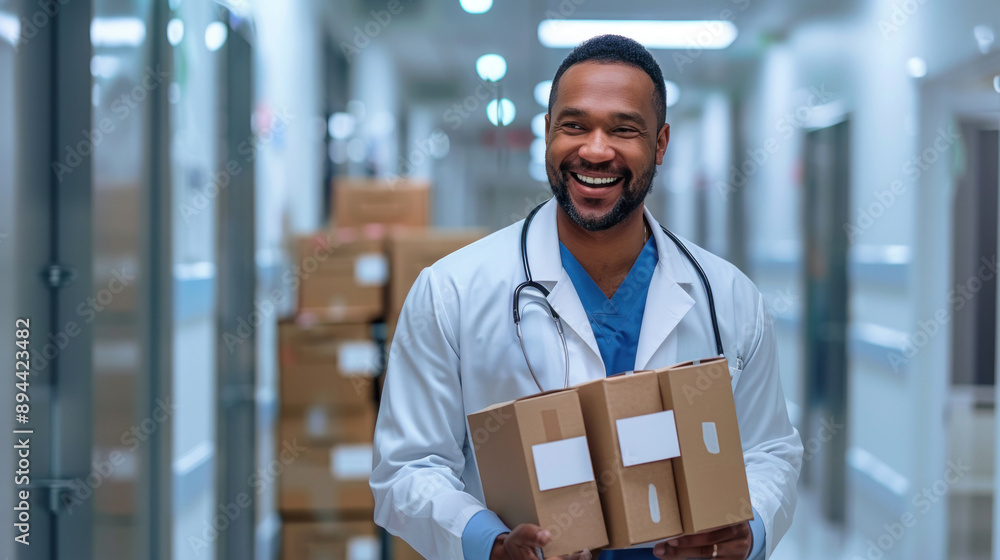 Cheerful doctor holds packages in a busy hospital hall