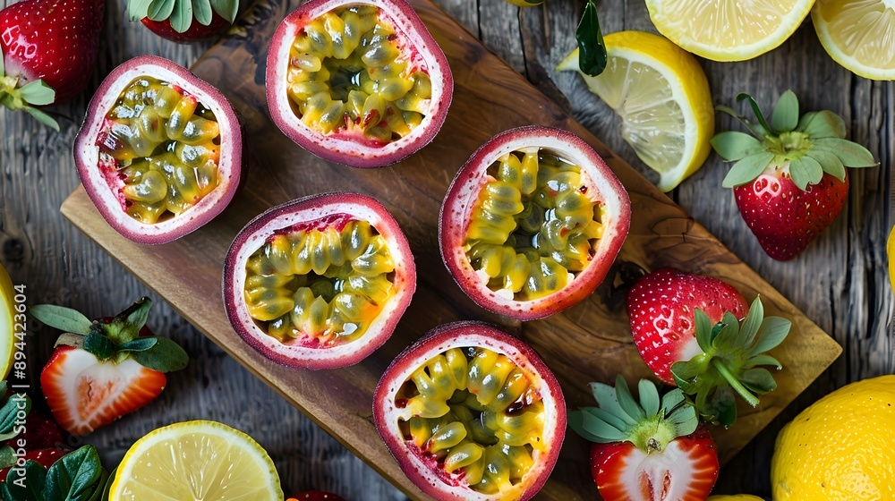 Passion fruit cut into halves and neatly laid Passion fruit cut into halves and neatly laid