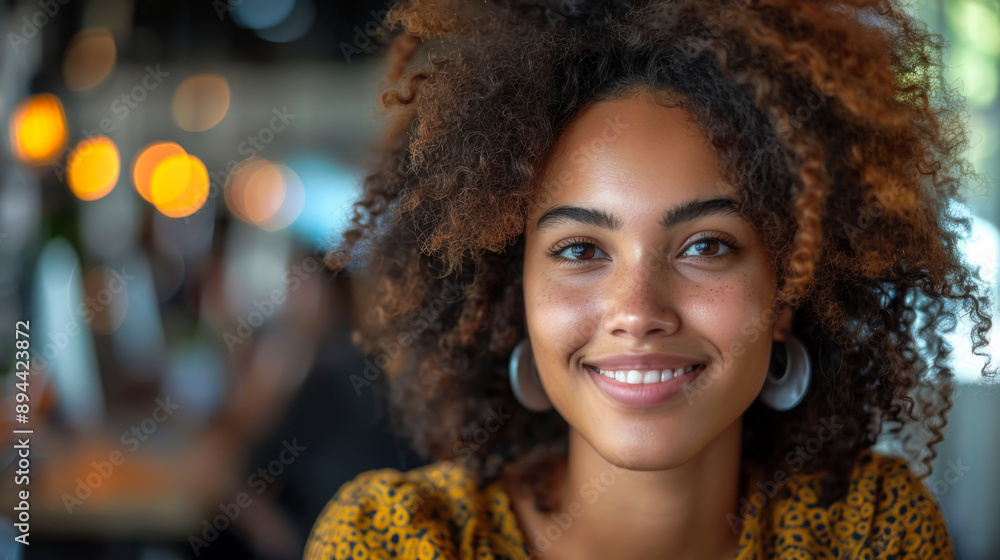 Portrait of a young curly woman in a bright jacket at her desk in a modern office. Lifestyle. Portrait of a young curly woman in a bright jacket at her desk in a modern office. Lifestyle.