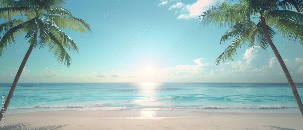 Beach paradise with lush palm trees, turquoise waves, and a brilliant sun reflecting off the water Beach paradise with lush palm trees, turquoise waves, and a brilliant sun reflecting off the water