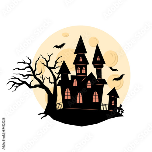 Black and white silhouette ghost house. Halloween. Illuminated moon with bats. Holiday illustration for background, sticker, postcard poster. Illustration in flat style.