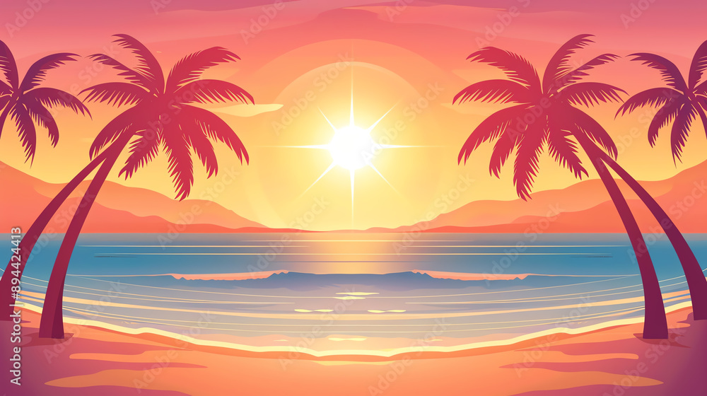 Exotic beach landscape with palm trees arching over clear waves, and a radiant sun in the background Exotic beach landscape with palm trees arching over clear waves, and a radiant sun in the background
