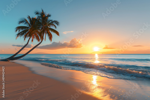 Idyllic beach at sunrise with palm trees casting shadows, waves breaking on the sand, and a vibrant sun rising