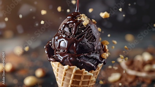 Chocolate ice cream served in a waffle cone img photo