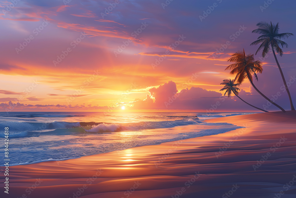 Romantic beach scene with palm trees silhouetted against the setting sun and waves gently caressing the shore Romantic beach scene with palm trees silhouetted against the setting sun and waves gently caressing the shore