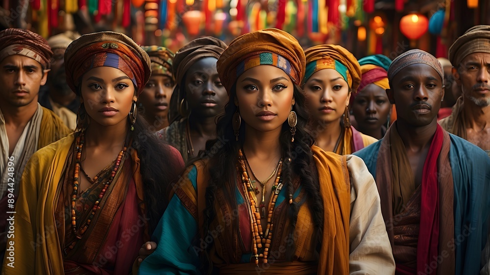 A diverse group of people wearing traditional dress, standing in a street, blurred background view, world culture day, diversification A diverse group of people wearing traditional dress, standing in a street, blurred background view, world culture day, diversification