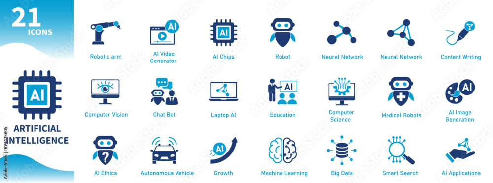Artificial intelligence icon. Icons set of AI, machine learning, robot, technology, neural network, robot arm, science, chat bot. Solid vector icons. Artificial intelligence icon. Icons set of AI, machine learning, robot, technology, neural network, robot arm, science, chat bot. Solid vector icons.