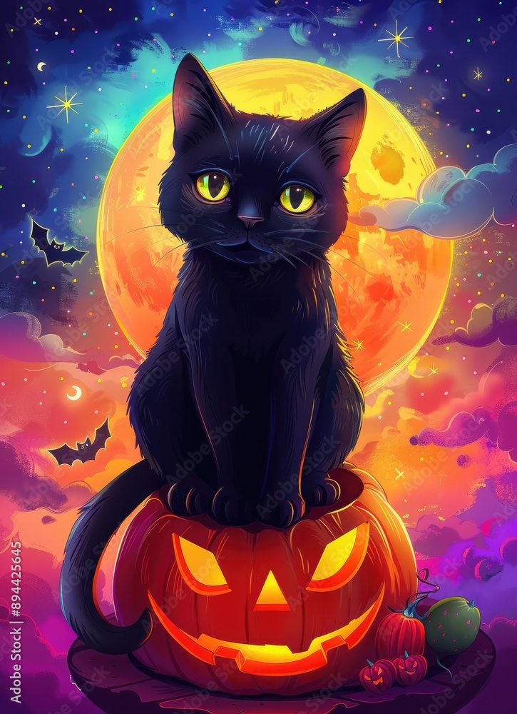 Black Cat Sitting on Jack-o'-Lantern Under a Full Moon Black Cat Sitting on Jack-o'-Lantern Under a Full Moon