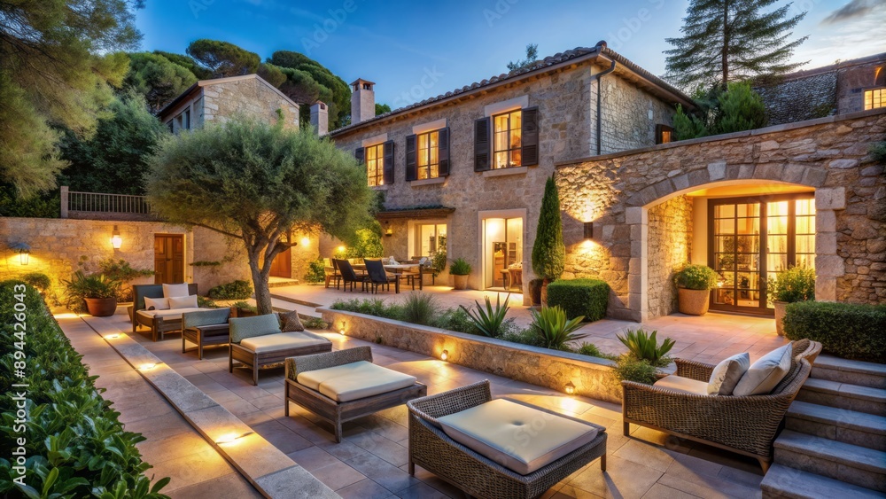 Fototapeta premium Ancient Mallorcan stone villa with rustic fa?ade, juxtaposed with sleek modern outdoor furniture and lighting, surrounded by lush garden oasis.