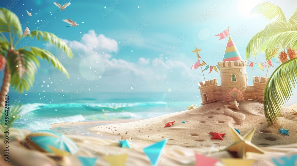 A tropicalthemed birthday card background with a beach scene Palm trees sway in the breeze A tropicalthemed birthday card background with a beach scene Palm trees sway in the breeze