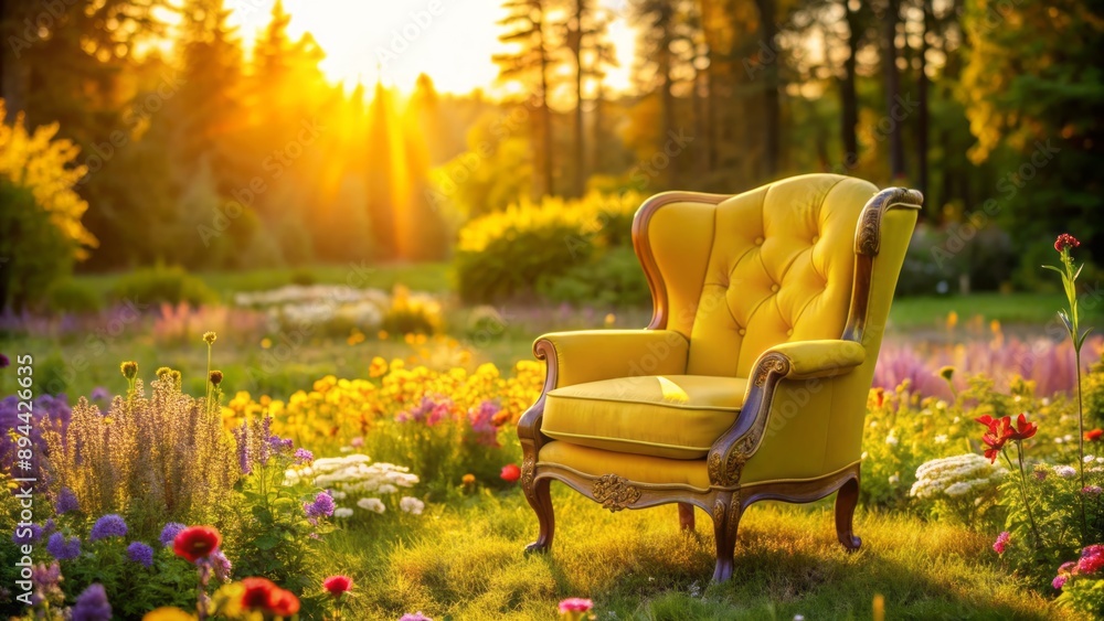 Fototapeta premium Vibrant yellow velvet Joy Chair sits alone amidst blossoming flowers in a sunny park, basking in soft golden hour glow.