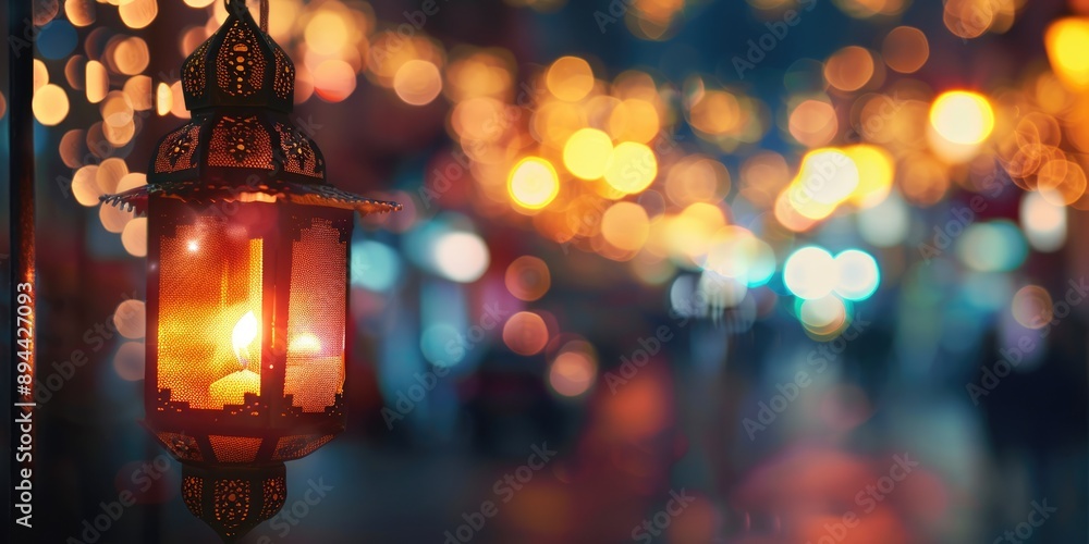 Illuminated lantern against bokeh light background, Ramadan conc Illuminated lantern against bokeh light background, Ramadan conc