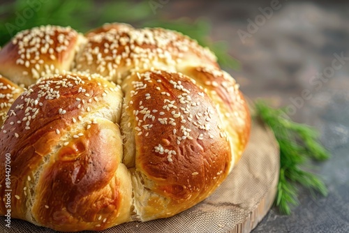 Fresh round challah bread for Rosh Hashanah with sesame seeds photo